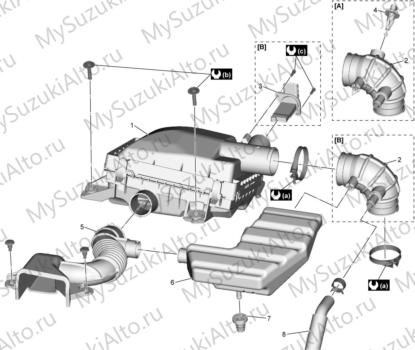Воздушный фильтр, NA и NA-VVT: корпус (1), шланг на выходе (2), датчик температуры воздуха (4), шланг забора воздуха (5), резонатор (6), шланг вентиляции картера (8)